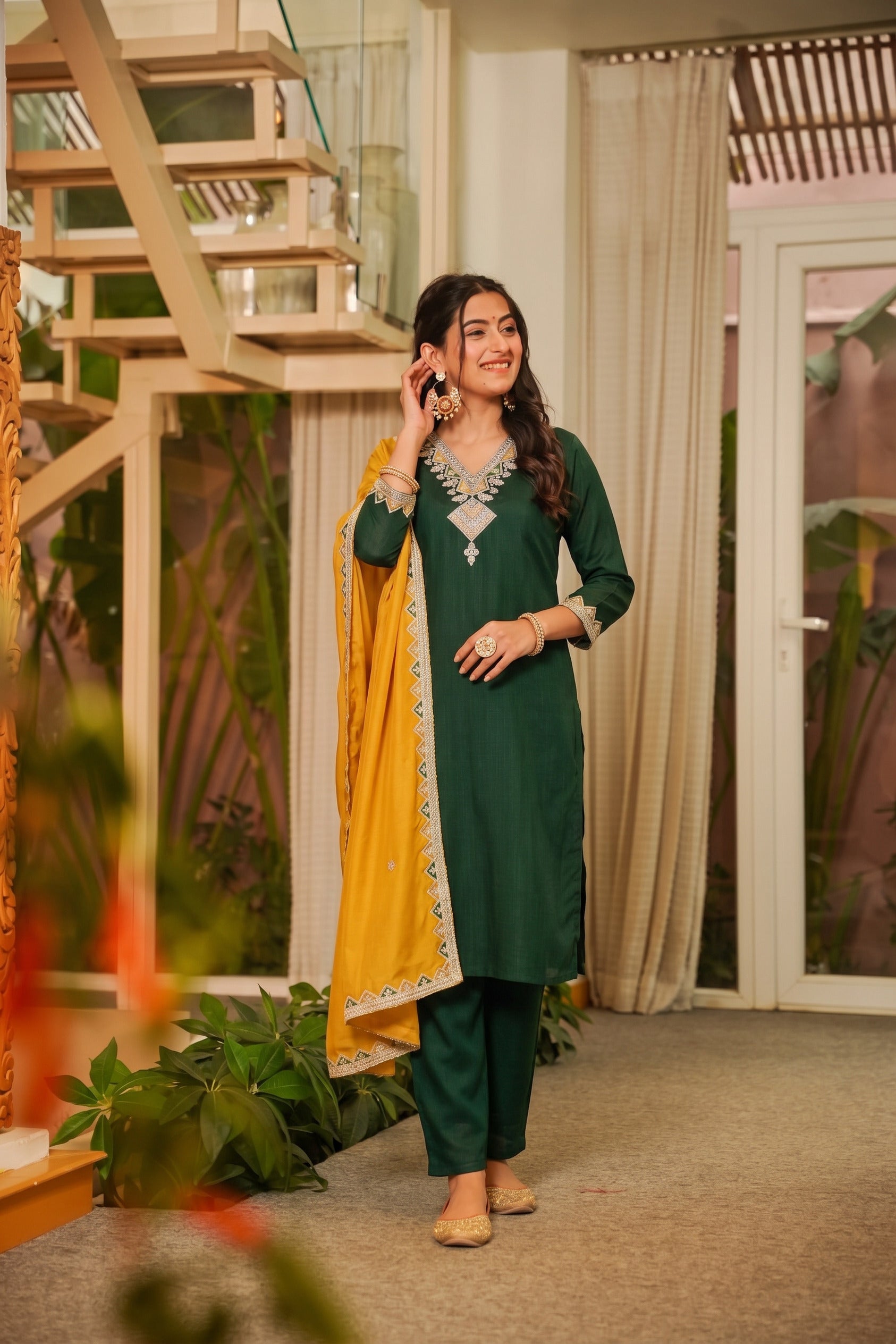 Bottle Green V-Neck Kurta Set with Mustard Embroidered Dupatta