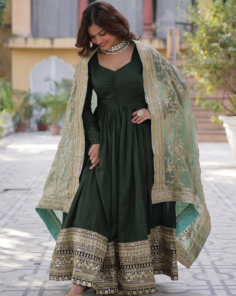 Beautiful mehndi color shimmer gown with embroidered dupatta