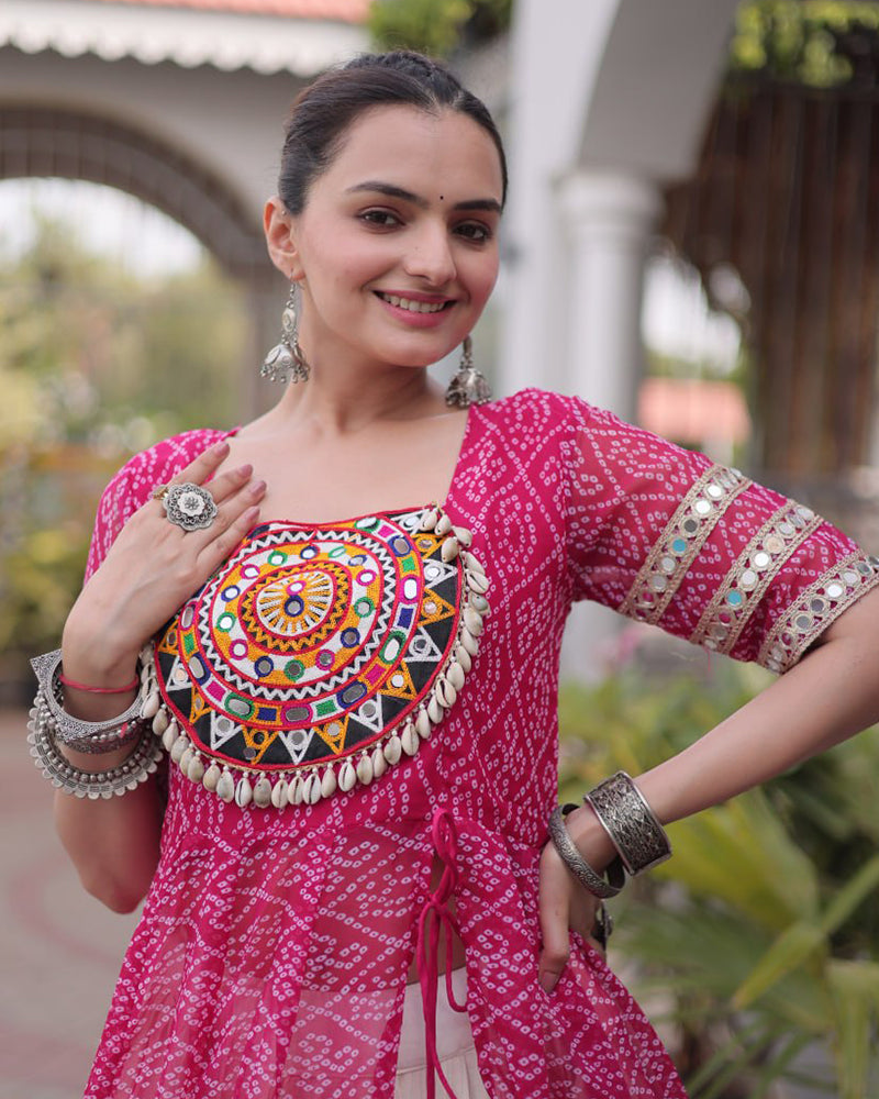Pink Color Bandhani Printed Kurti With Kora Cotton Lehenga