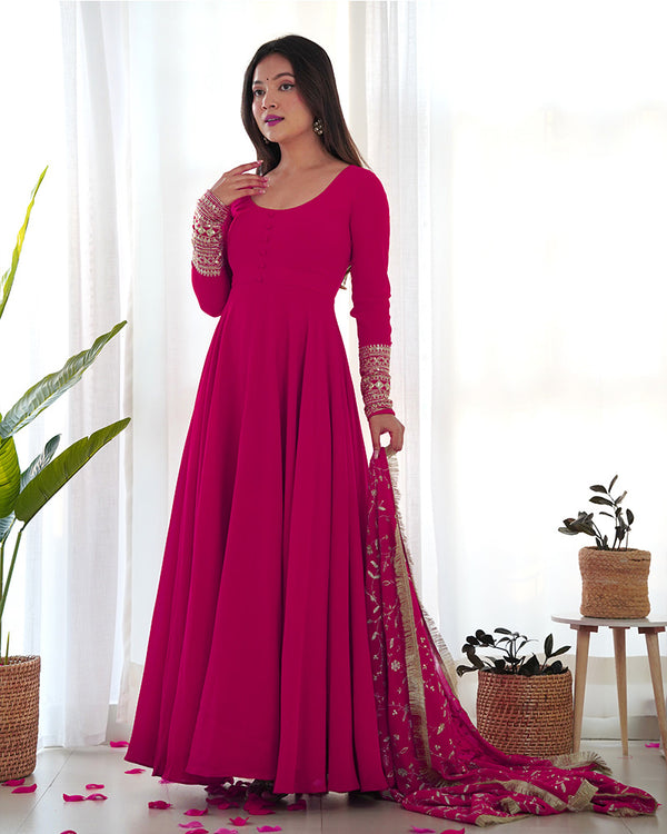 Rani Pink Color Soft Georgette Anarkali Gown With Heavy Embroidery Work Dupatta