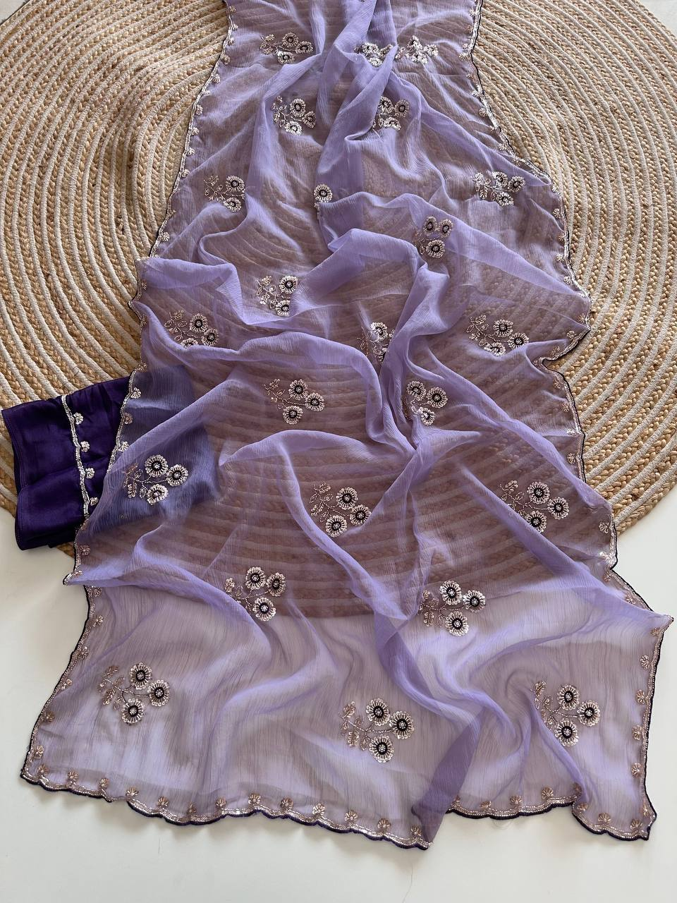 Lavender Pure Soft Wari Chiffon Silk Saree with Sequence Cutdana Embroidery & Multi Border Aarco Work
