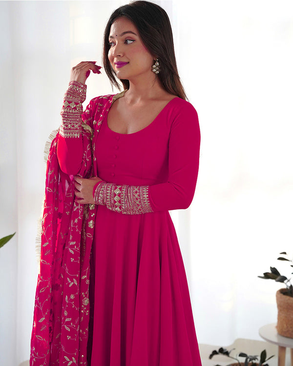 Rani Pink Color Soft Georgette Anarkali Gown With Heavy Embroidery Work Dupatta