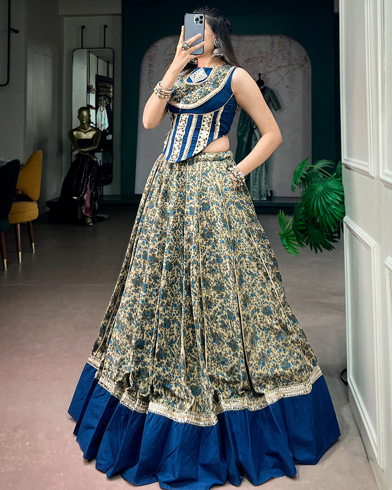 Peacock Blue Color Pure Viscose Chanderi Navratri Lehenga Choli