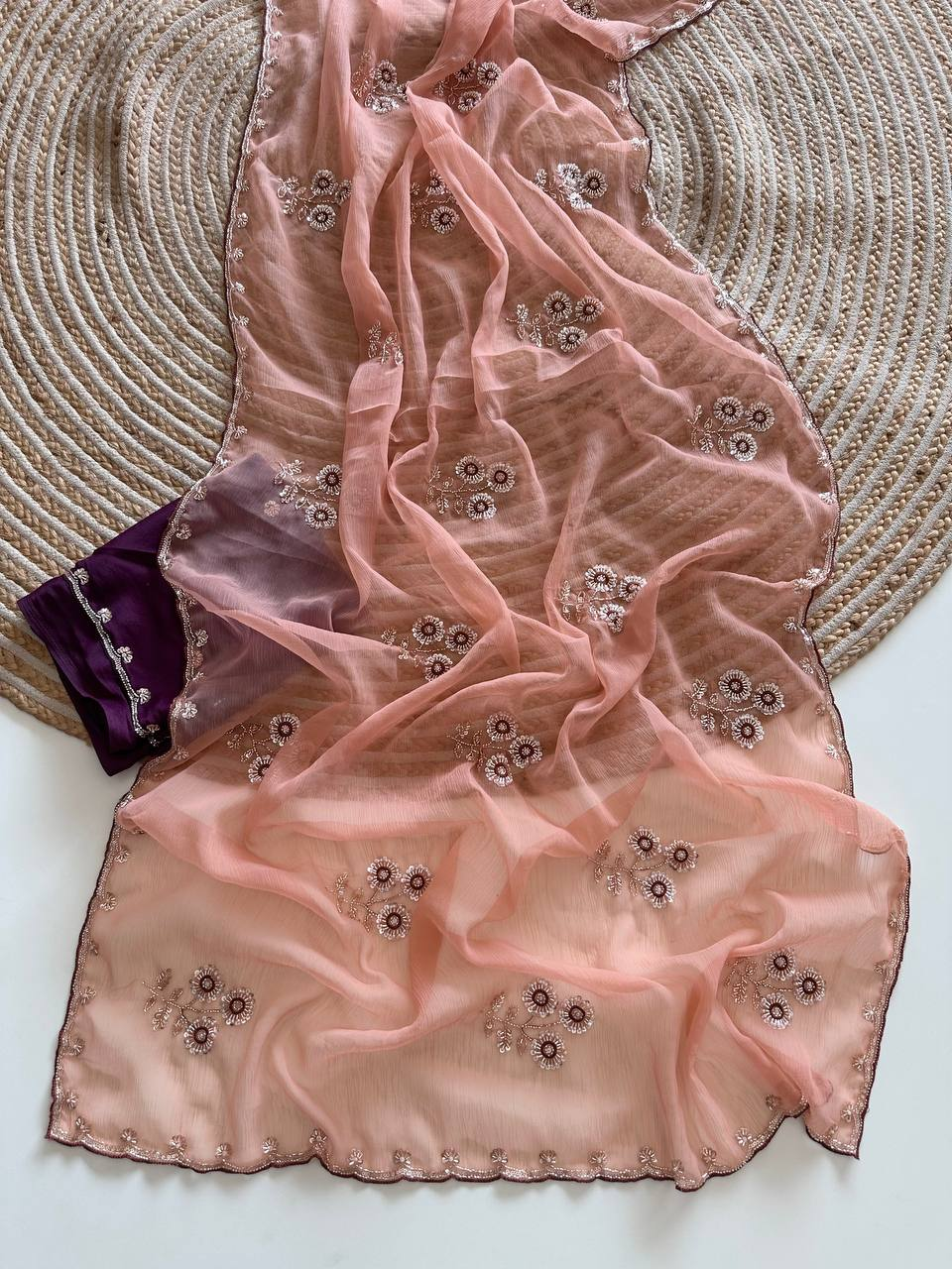 Peach Pure Soft Wari Chiffon Silk Saree with Sequence Cutdana Embroidery & Multi Border Aarco Work