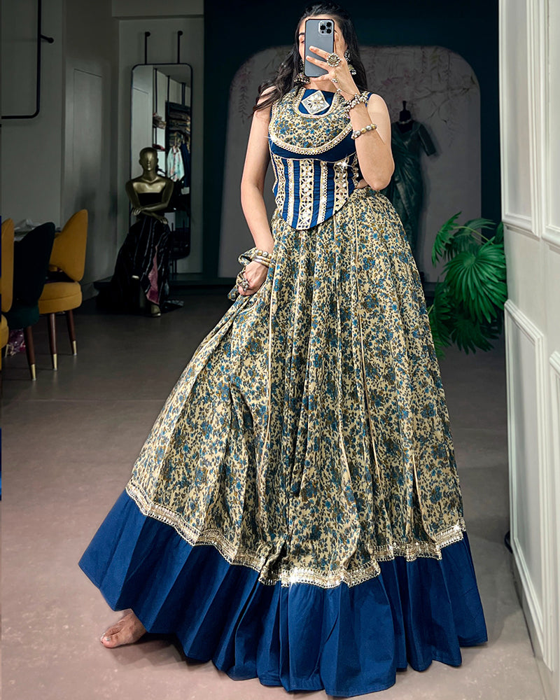 Peacock Blue Color Pure Viscose Chanderi Navratri Lehenga Choli