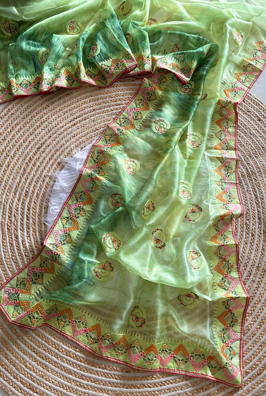 Green Tie-Dye Organza Silk Saree with Structure Print & Embroidery Thread Work Aztec Border