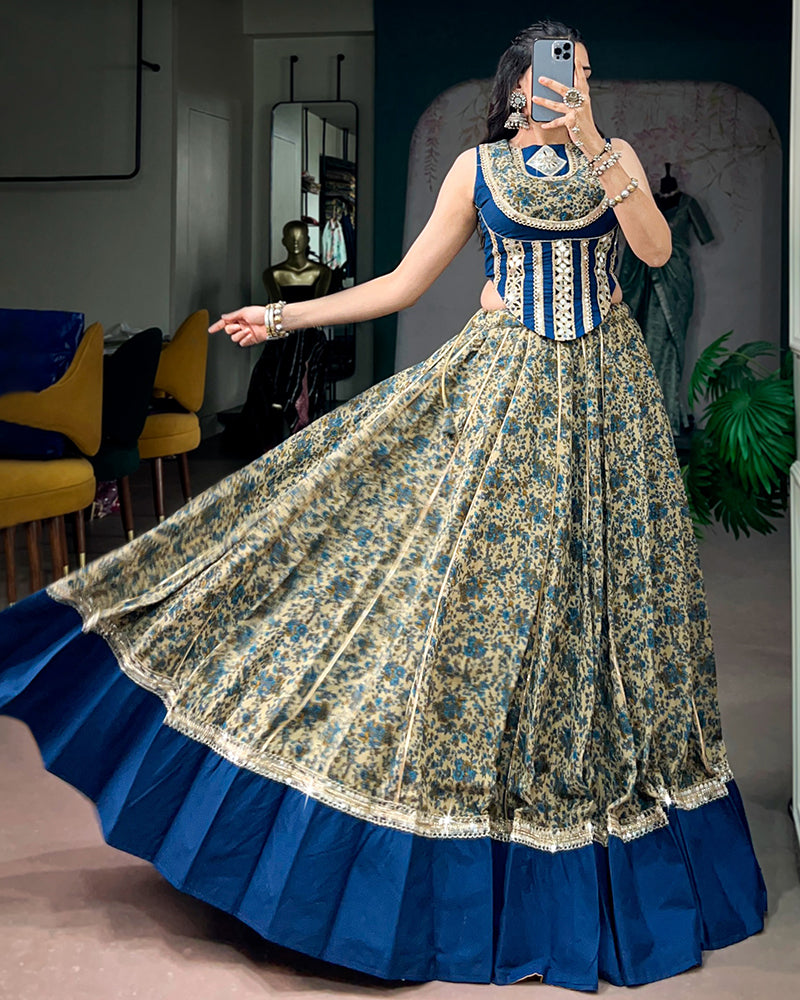Peacock Blue Color Pure Viscose Chanderi Navratri Lehenga Choli