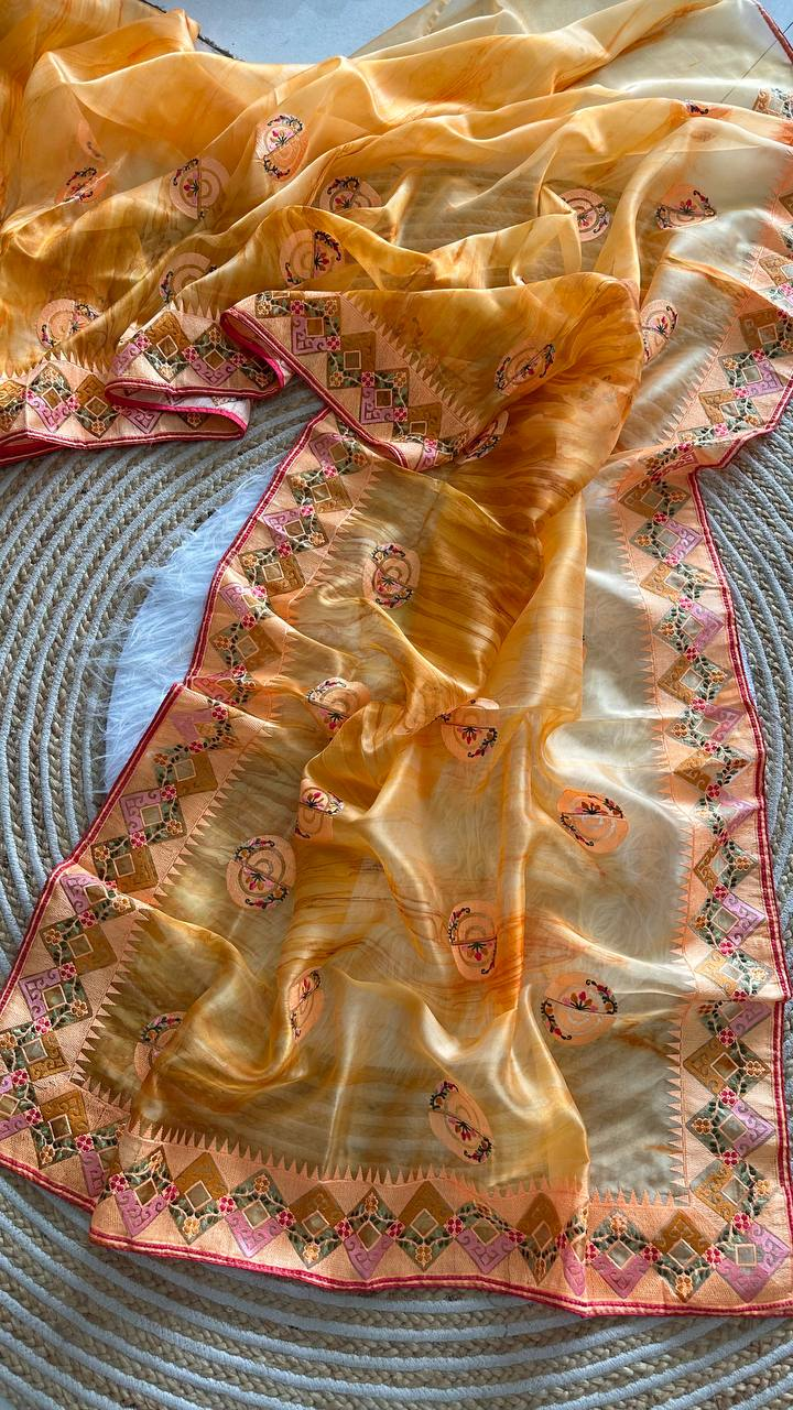 Mustard Tie-Dye Organza Silk Saree with Structure Print & Embroidery Thread Work Aztec Border