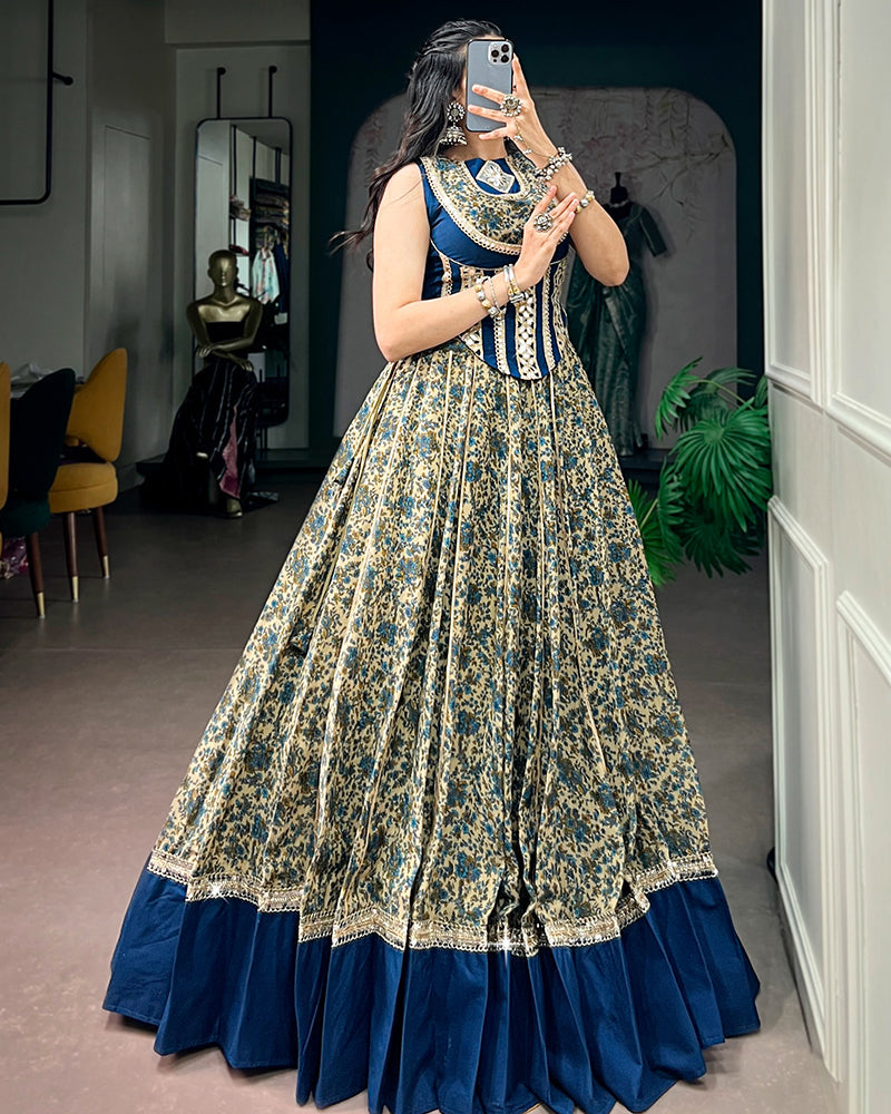 Peacock Blue Color Pure Viscose Chanderi Navratri Lehenga Choli