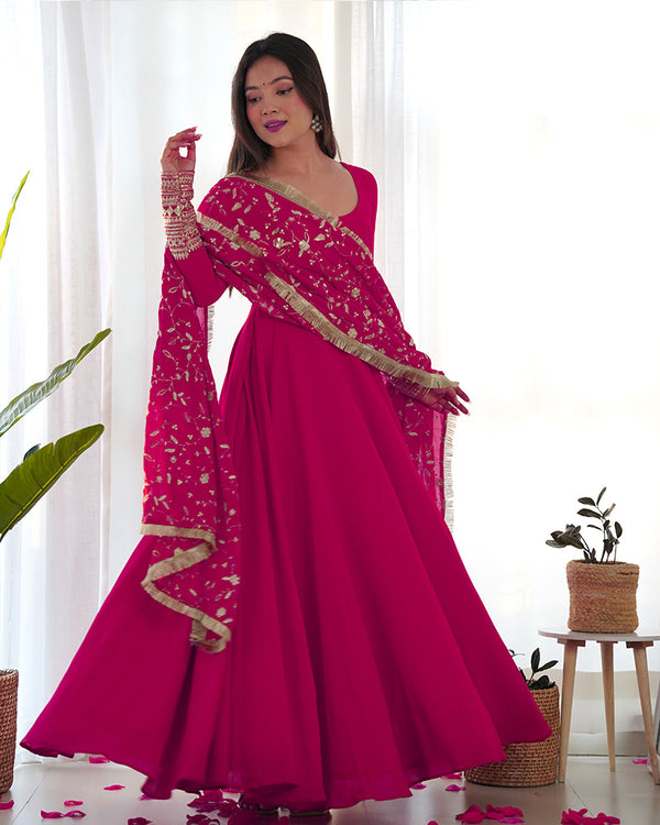 Rani Pink Color Soft Georgette Anarkali Gown With Heavy Embroidery Work Dupatta
