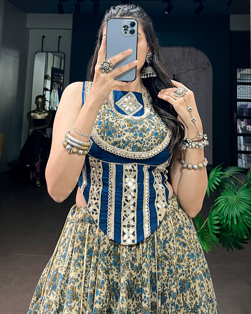 Peacock Blue Color Pure Viscose Chanderi Navratri Lehenga Choli