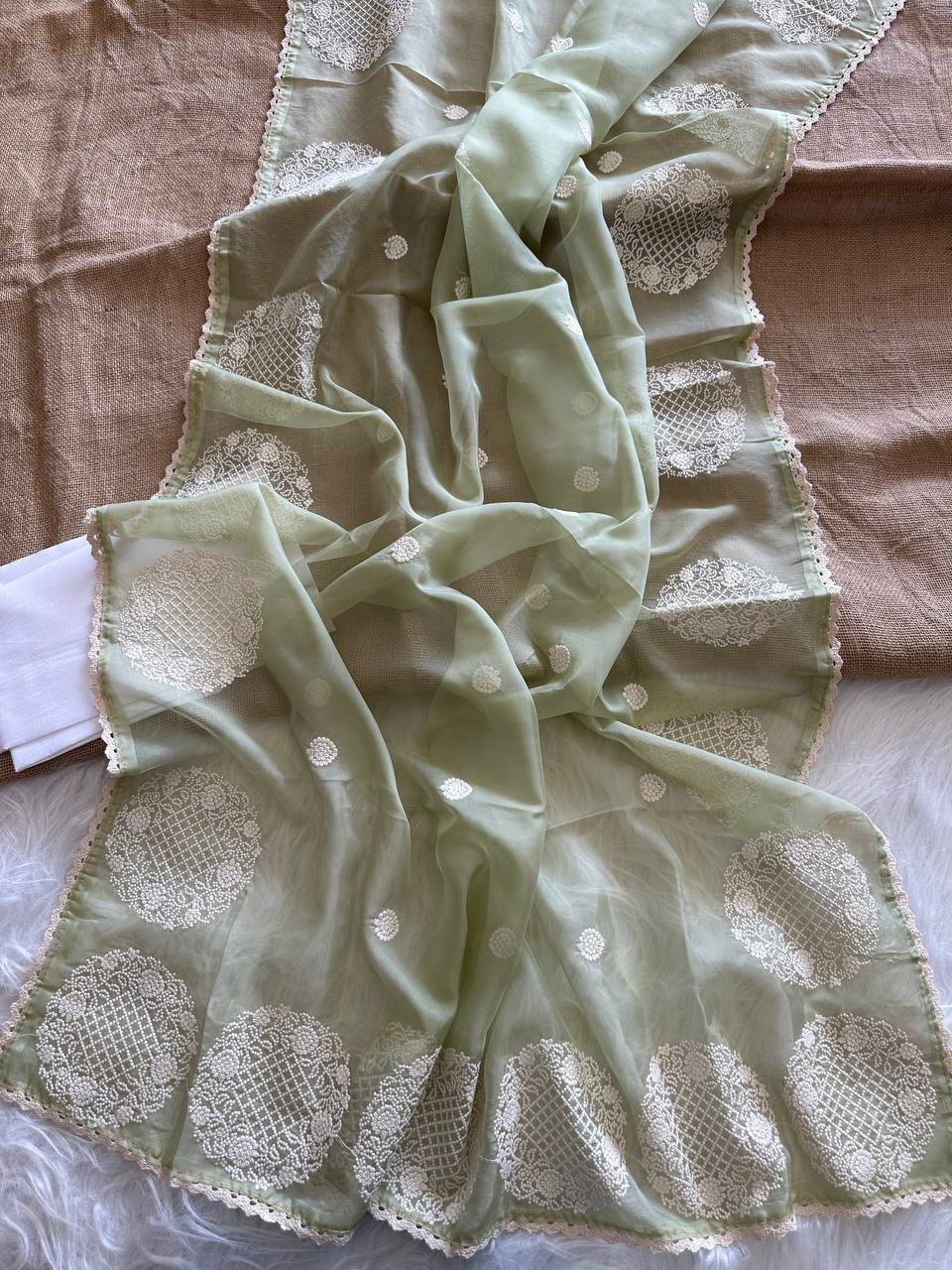 Pista Green Chanda Pure Simmer Organza Silk Saree with Lucknowi Thread Embroidery Butta & Chikankari Border