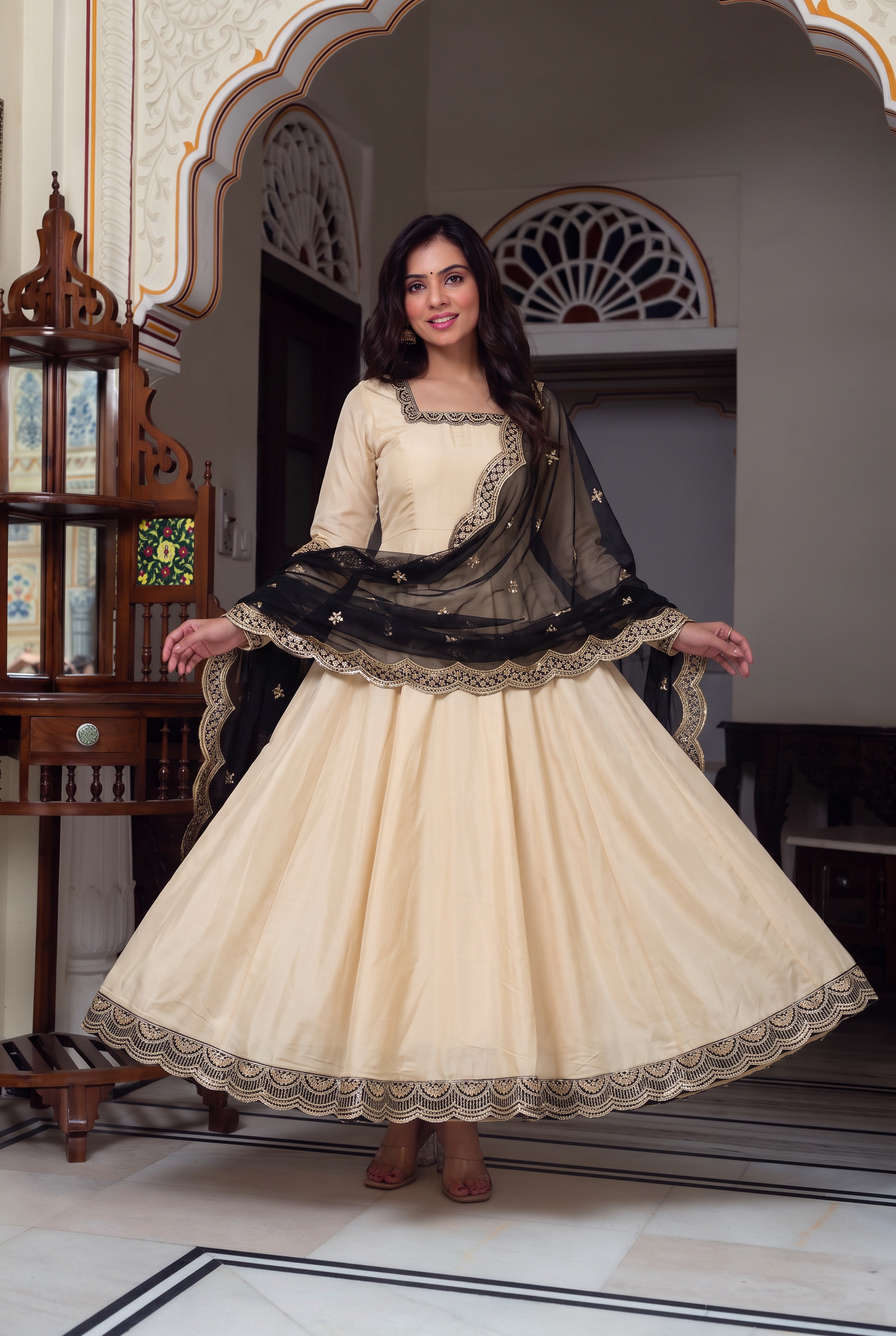 Elegant Cream Embroidered Anarkali Suit Set with Dupatta