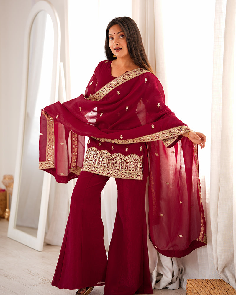 MAROON COLOR CRUNCHY SILK EMBROIDERED PLAZZO SUIT