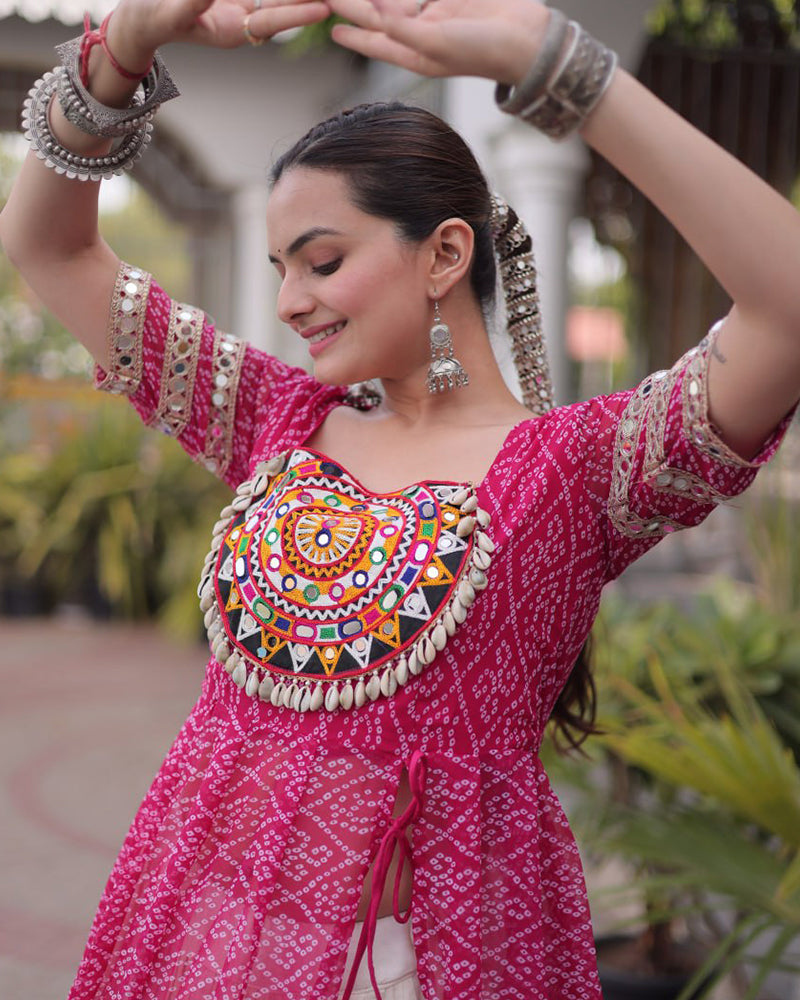 Pink Color Bandhani Printed Kurti With Kora Cotton Lehenga