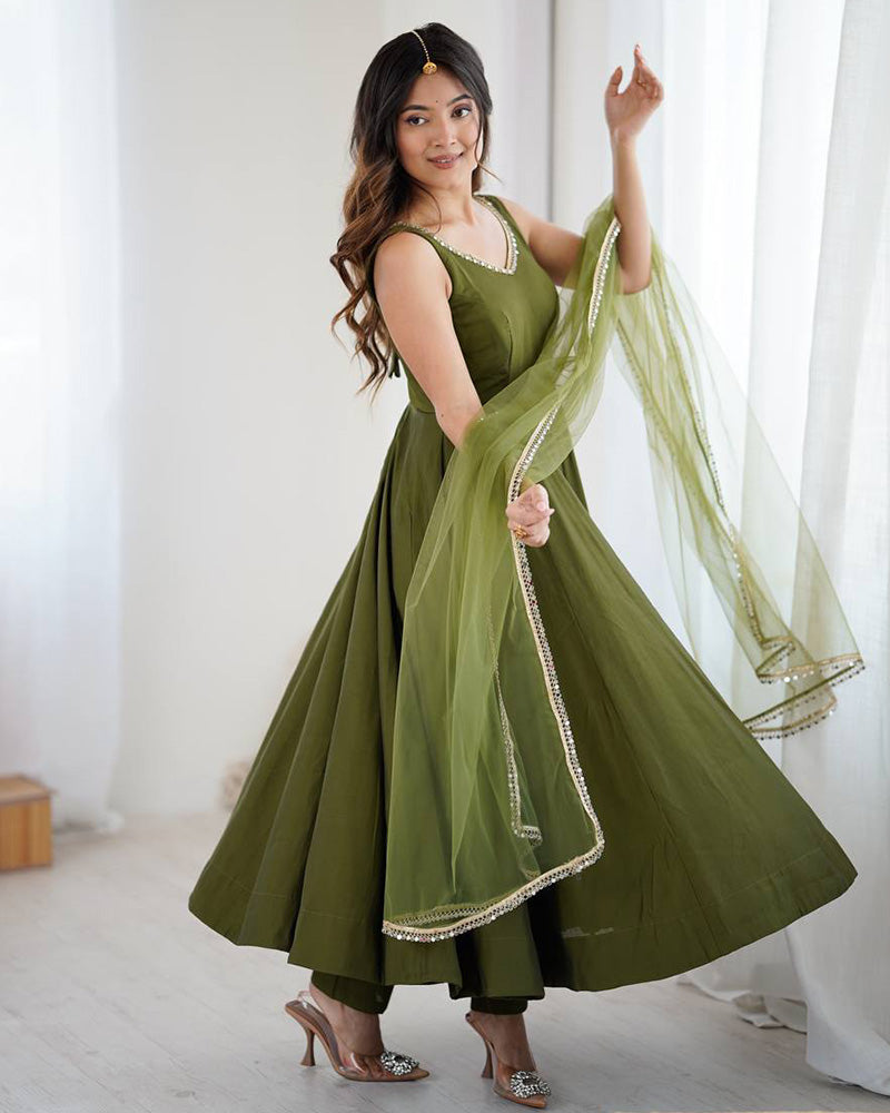 Mehndi Color Chanderi Pure Roman Silk Anarkali Suit