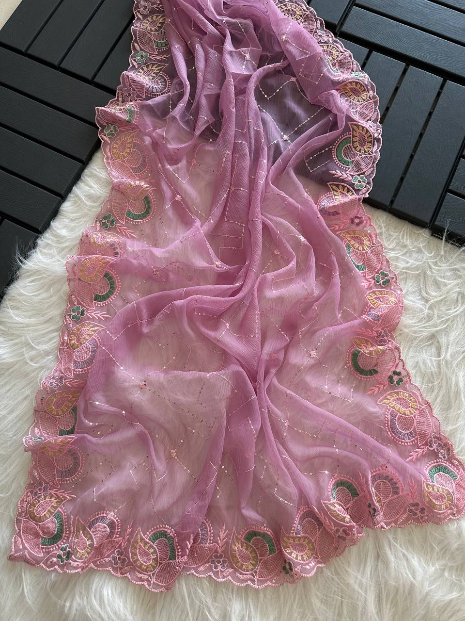 Dusty Pink Soft Pure Chiffon Saree with Sequins Embroidery & Paisley Border Work