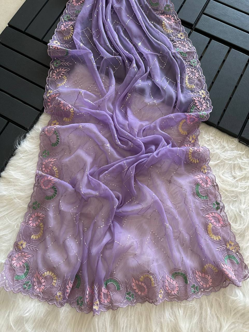 Lavender Soft Pure Chiffon Saree with Sequins Embroidery & Paisley Border Work