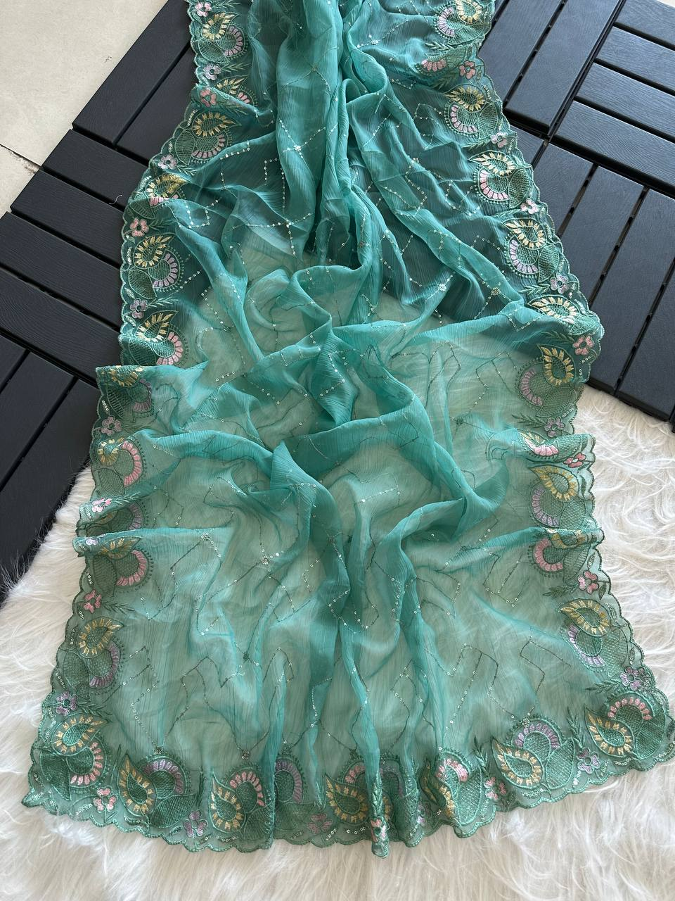 Sea Green Soft Pure Chiffon Saree with Sequins Embroidery & Paisley Border Work