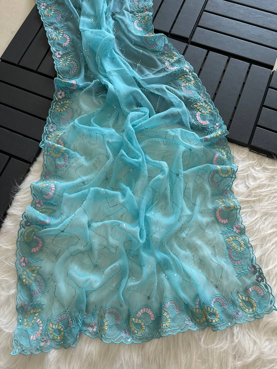 Sky Blue Soft Pure Chiffon Saree with Sequins Embroidery & Paisley Border Work
