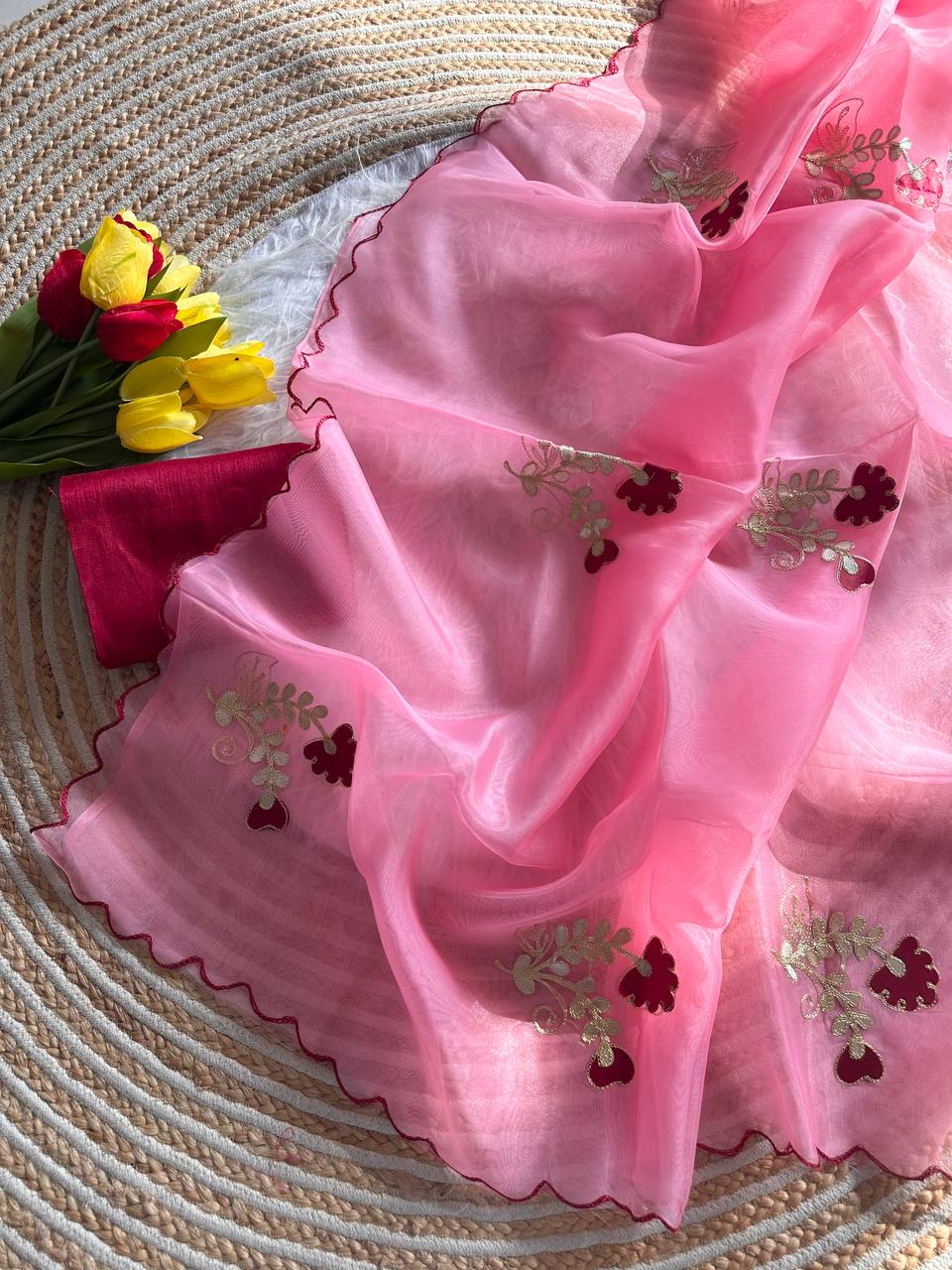 Pink Premium Organza Saree with Hand Gota & Viscose Dori Embroidery Work