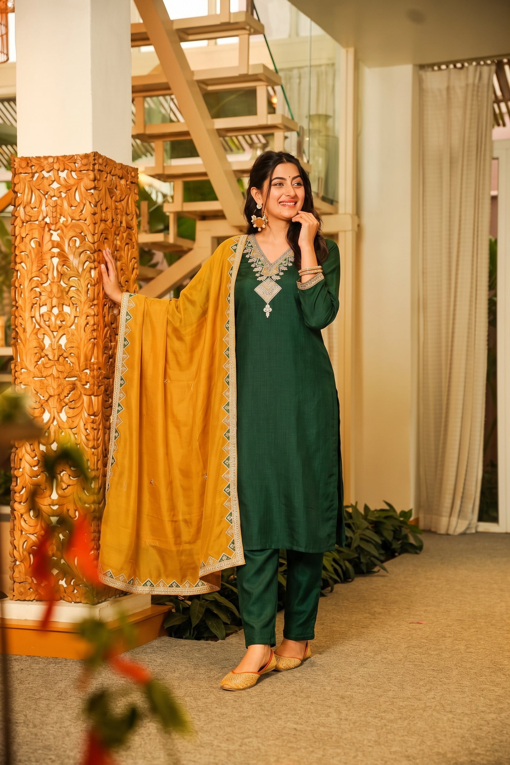 Bottle Green V-Neck Kurta Set with Mustard Embroidered Dupatta