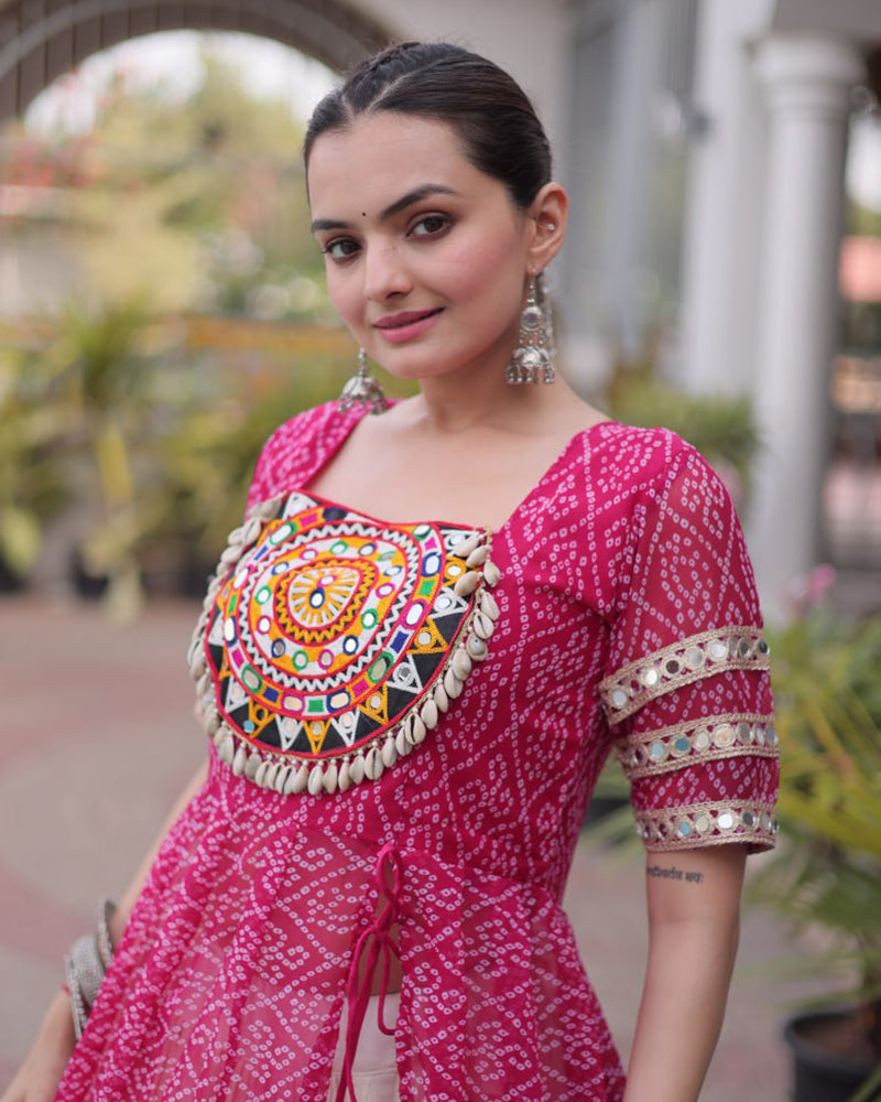 Pink Color Bandhani Printed Kurti With Kora Cotton Lehenga