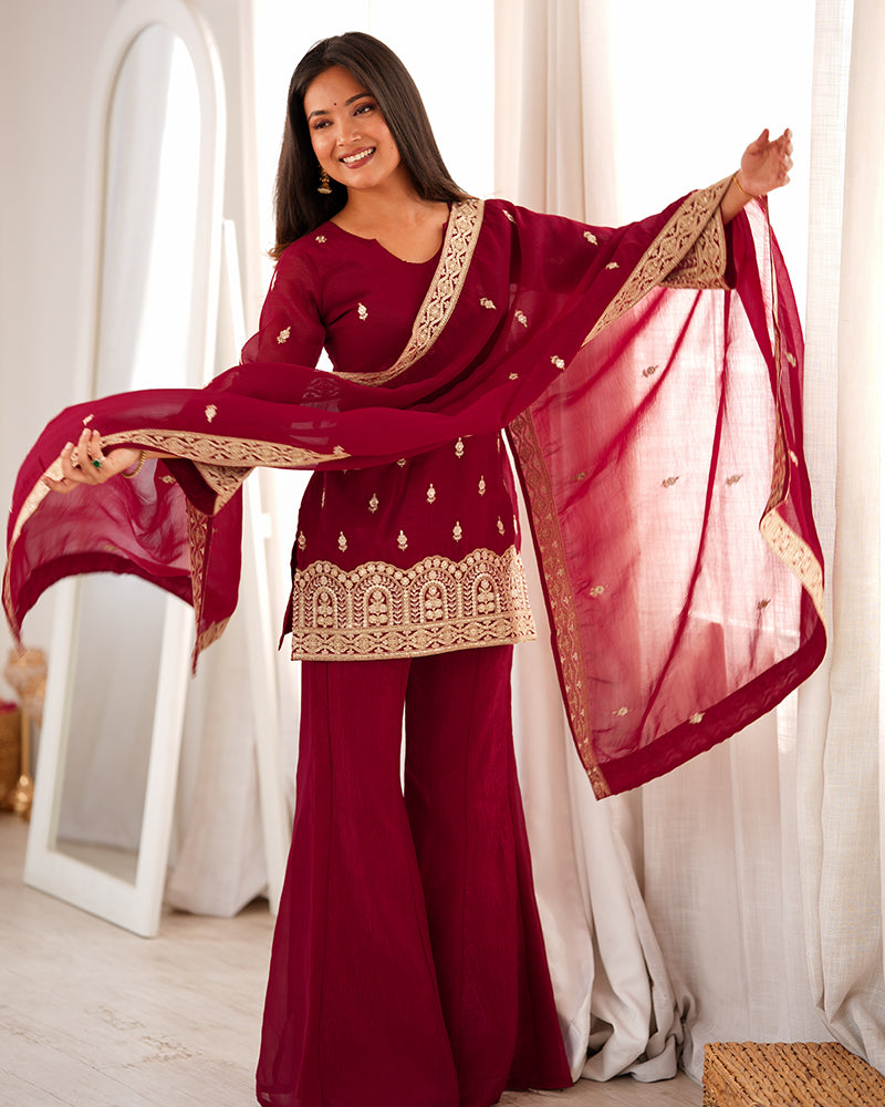 MAROON COLOR CRUNCHY SILK EMBROIDERED PLAZZO SUIT