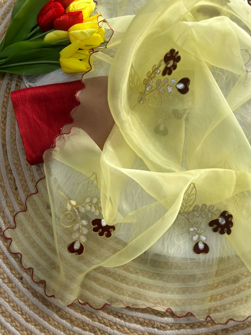 Lemon Yellow Premium Organza Saree with Hand Gota & Viscose Dori Embroidery Work