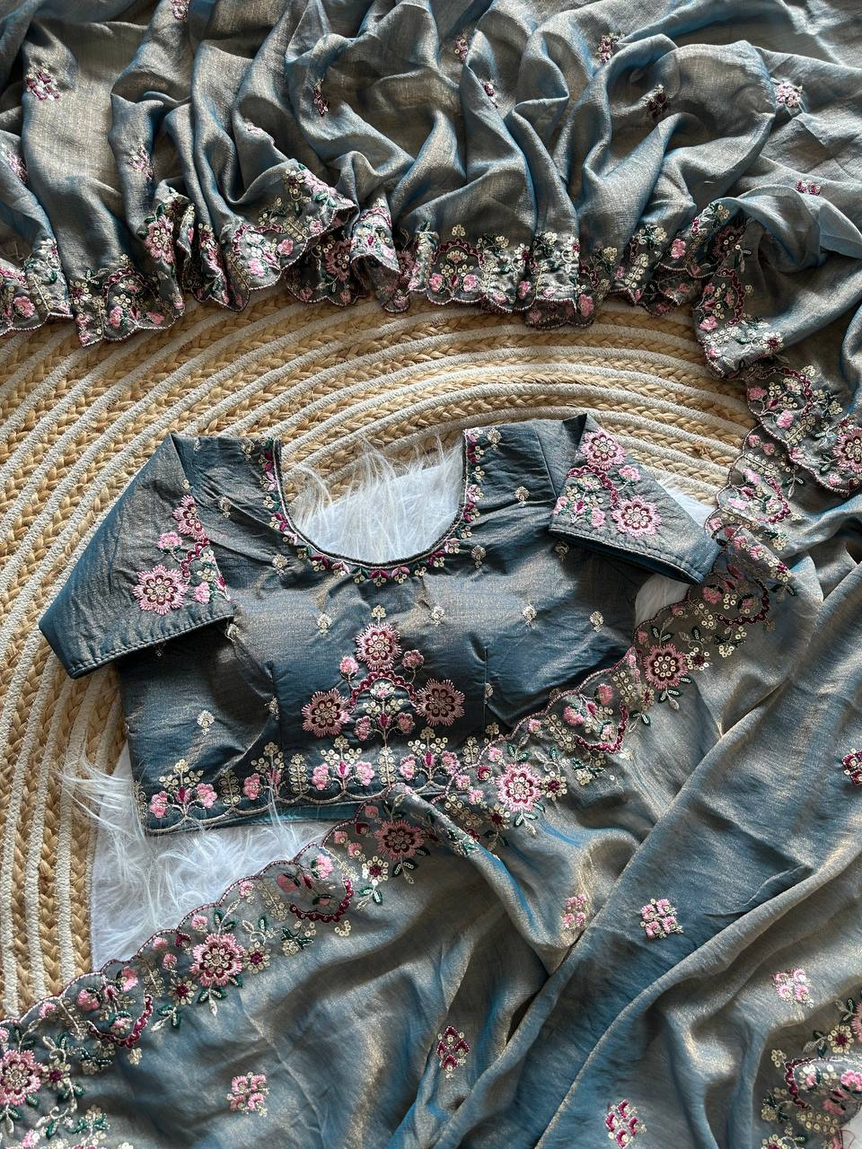 Steel Grey Pure Soft Khadi Moss Silk Saree with Floral Sequence Embroidery & Double Line Aarco Border