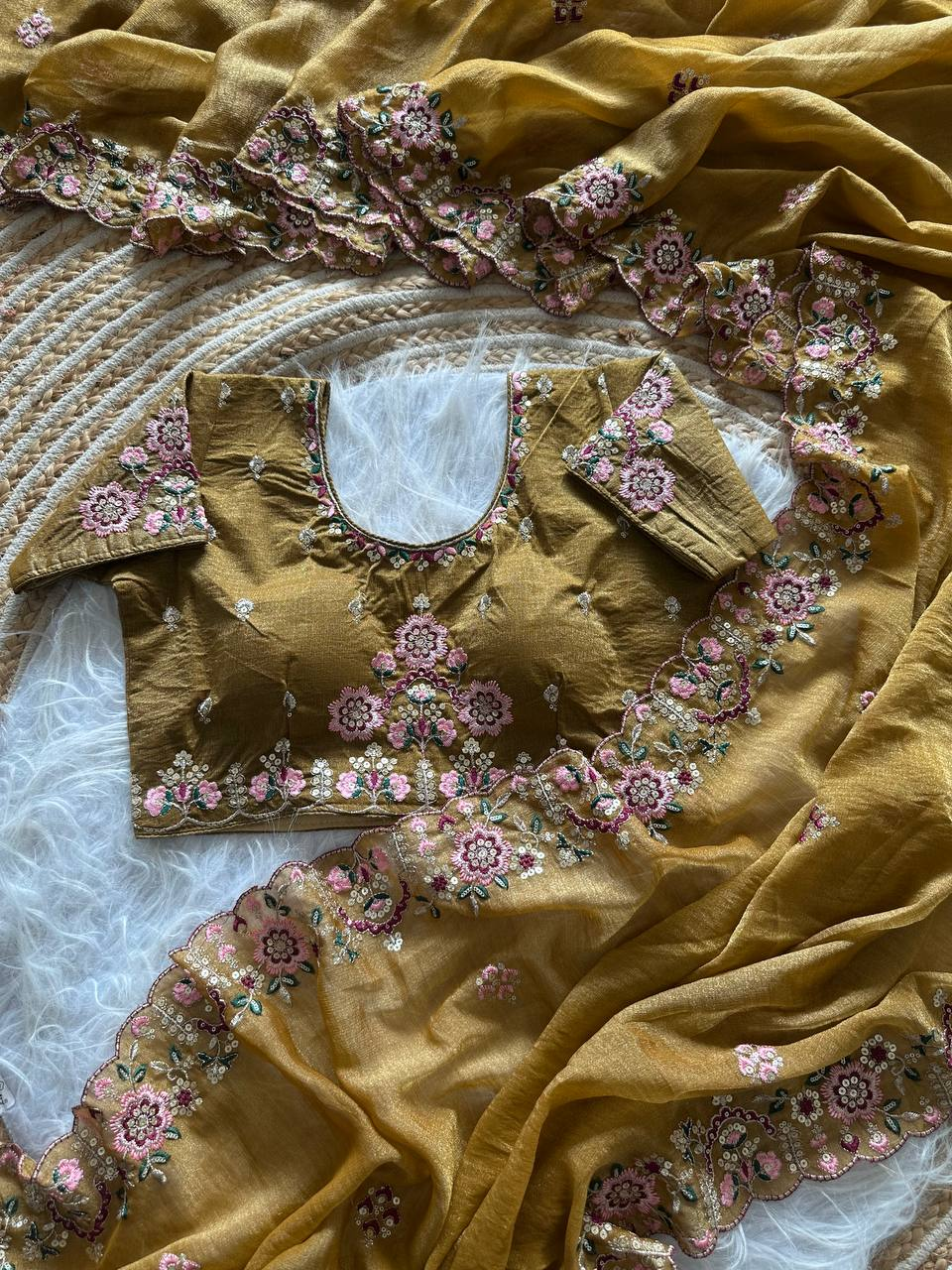 Mustard Gold Pure Soft Khadi Moss Silk Saree with Floral Sequence Embroidery & Double Line Aarco Border