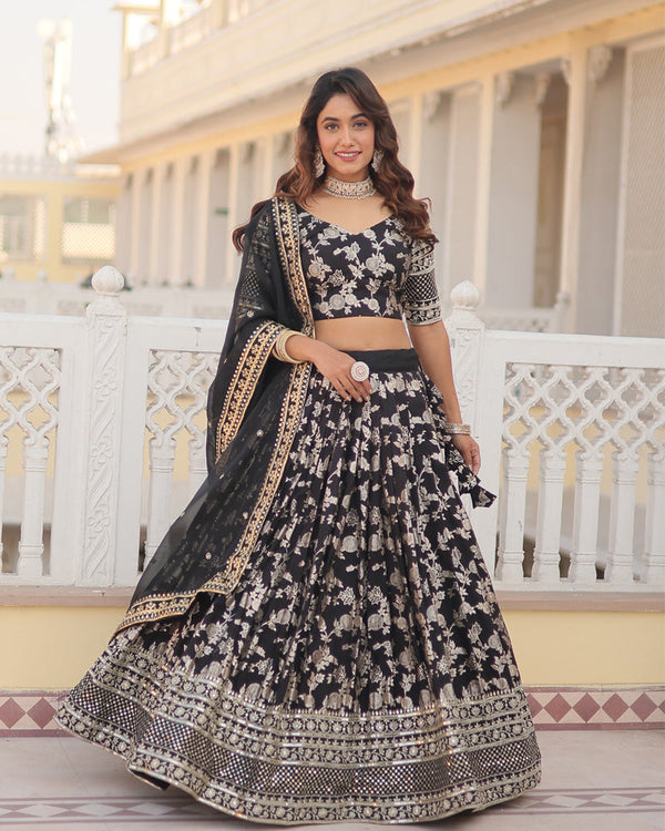 Black Color Pure Viscose Jacquard Lehenga Choli