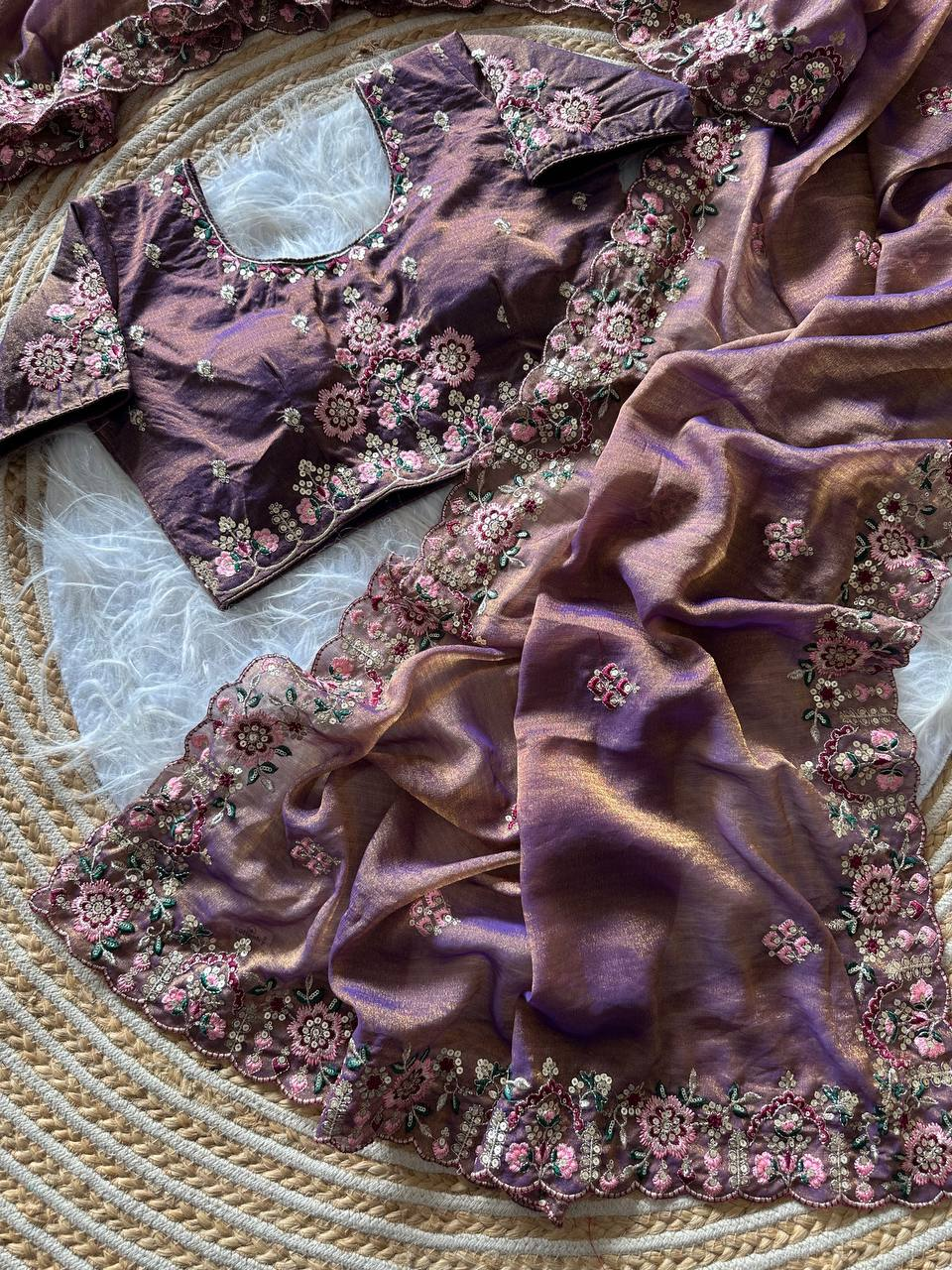 Mauve Pure Soft Khadi Moss Silk Saree with Floral Sequence Embroidery & Double Line Aarco Border