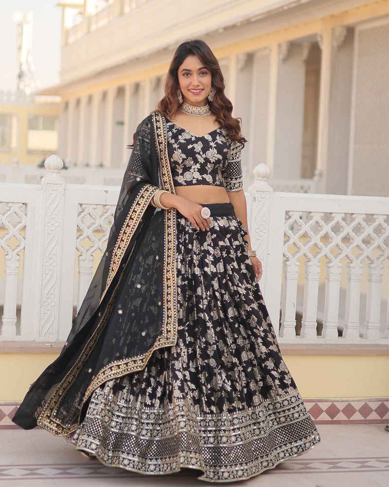 Black Color Pure Viscose Jacquard Lehenga Choli