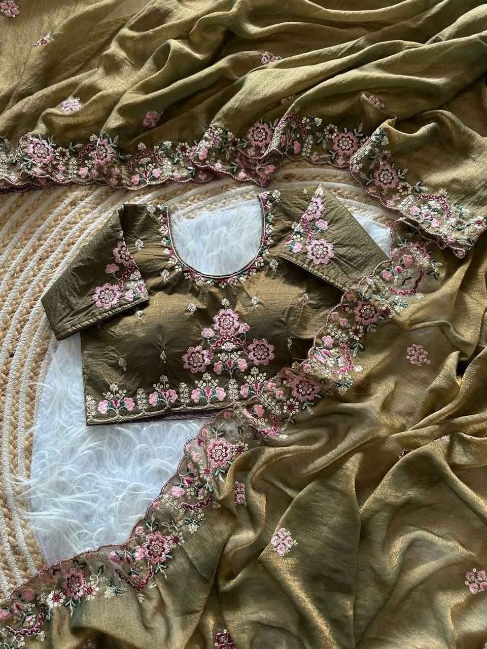 Olive Gold Pure Soft Khadi Moss Silk Saree with Floral Sequence Embroidery & Double Line Aarco Border