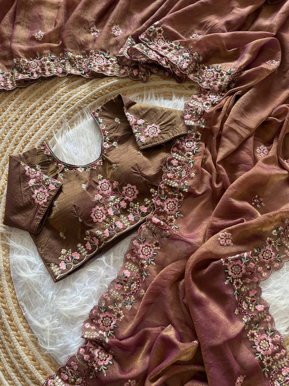 Copper Rose Pure Soft Khadi Moss Silk Saree with Floral Sequence Embroidery & Double Line Aarco Border