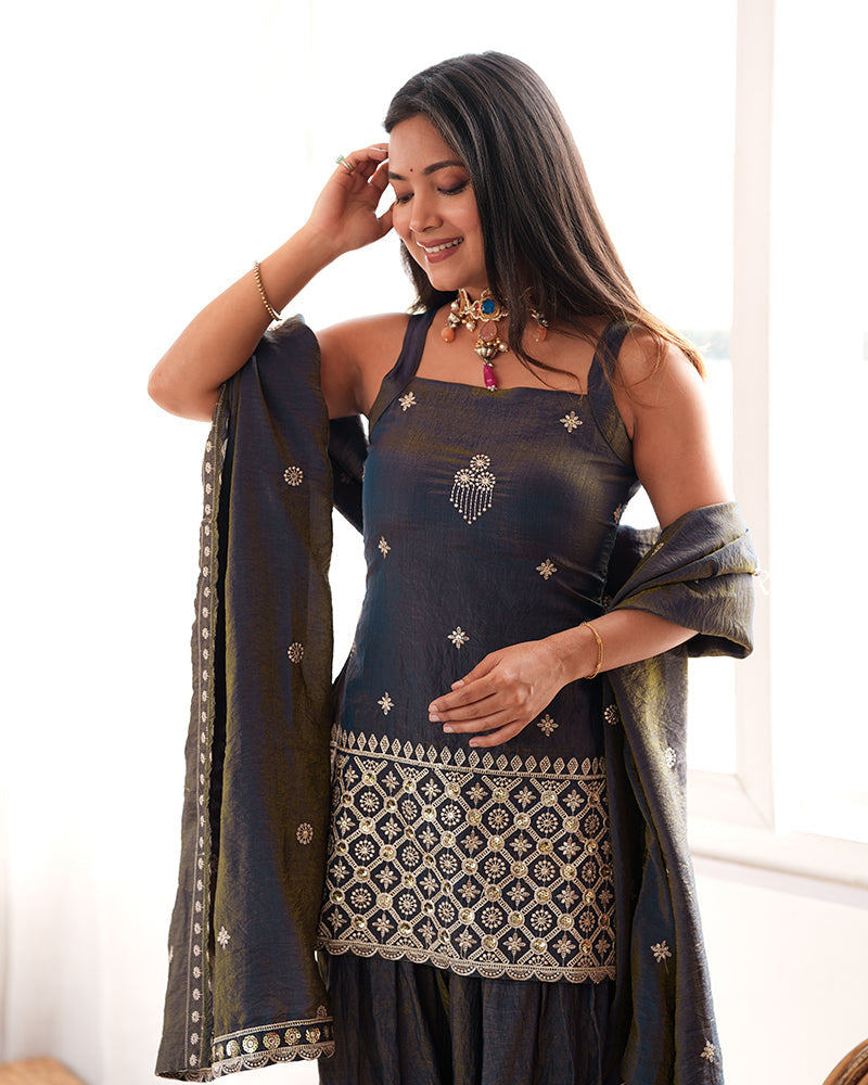 SMOKY GREY COLOR VICHITRA SILK FARSHI SALWAR SUIT
