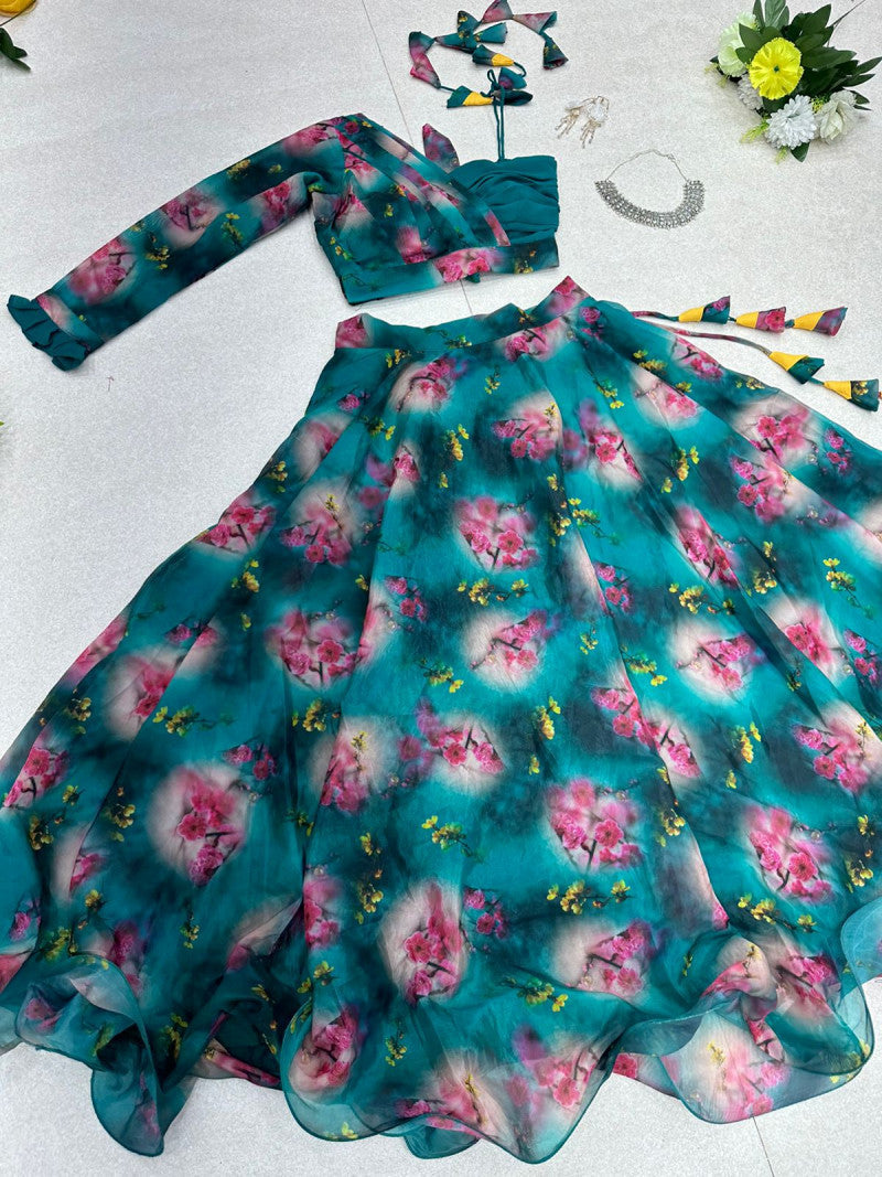 Floral Printed Teal Blue Color Lehenga With One Shoulder Blouse