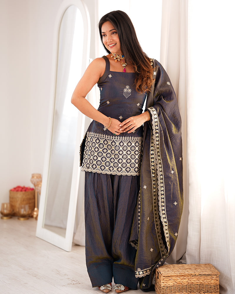 SMOKY GREY COLOR VICHITRA SILK FARSHI SALWAR SUIT