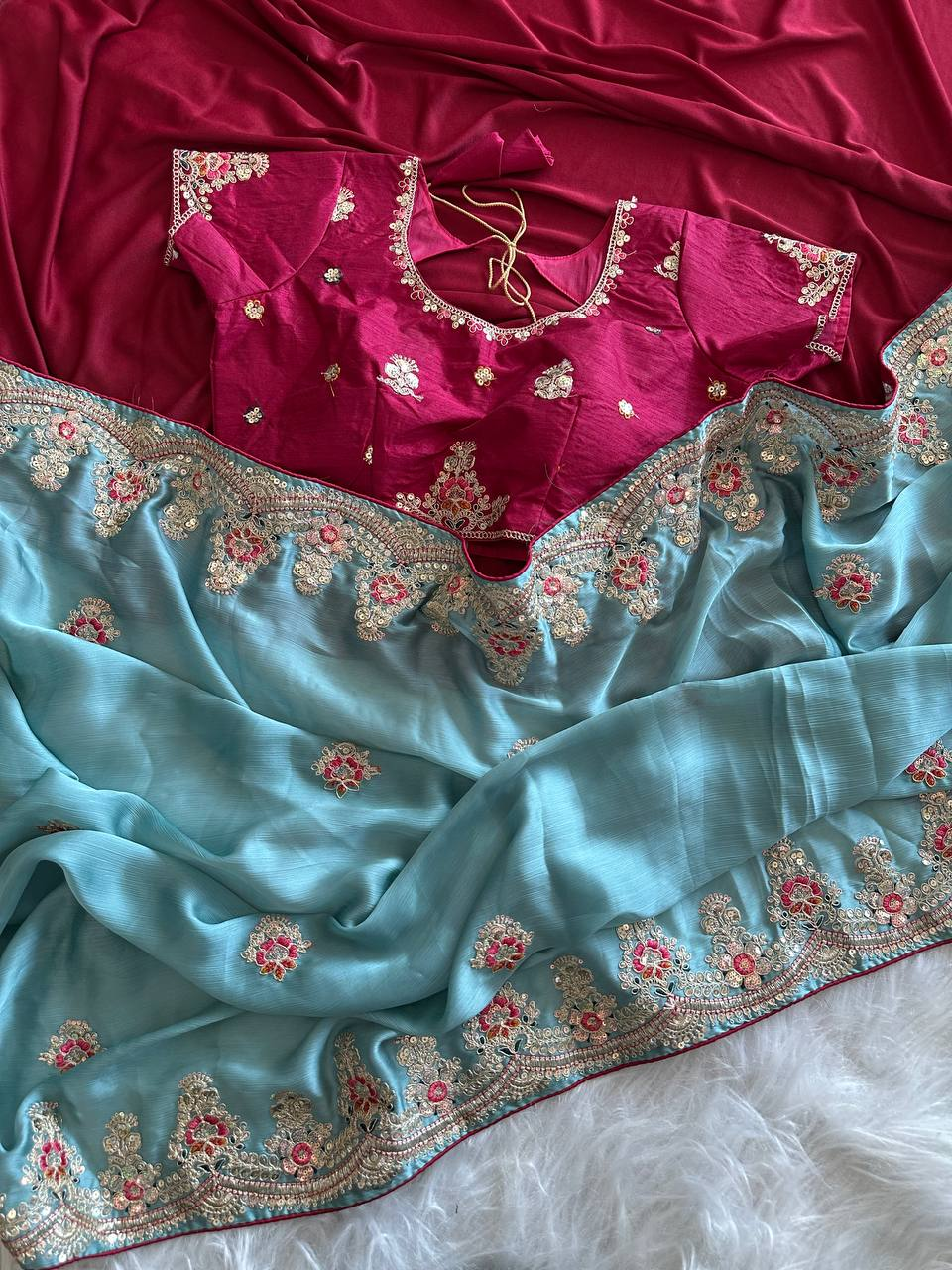Sky Blue Rich Nylon Fandy Silk Saree with Heavy Golden Codding Dori & Sequins Embroidery