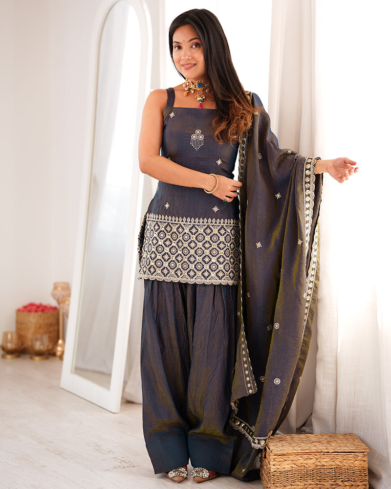 SMOKY GREY COLOR VICHITRA SILK FARSHI SALWAR SUIT