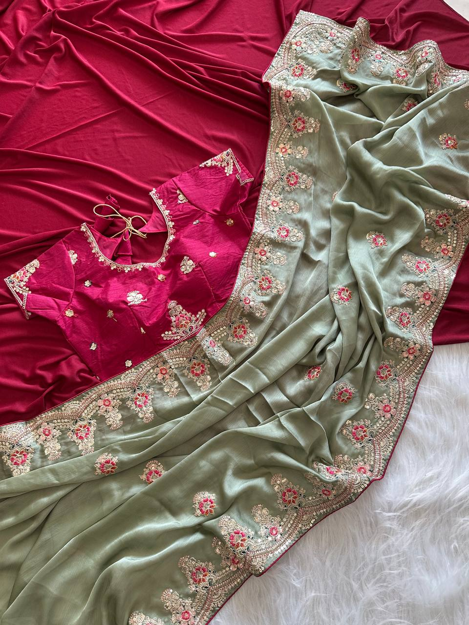 Sage Green Rich Nylon Fandy Silk Saree with Heavy Golden Codding Dori & Sequins Embroidery
