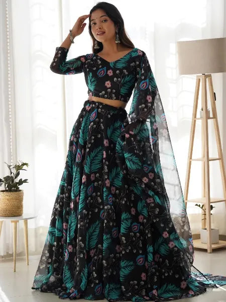 Black Tabby Organza Silk Lehenga Choli With Beautiful Print and Can Can