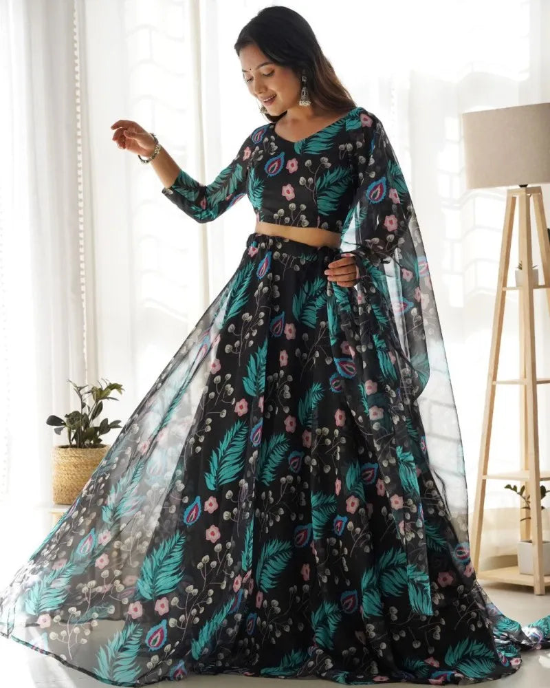 Black Tabby Organza Silk Lehenga Choli With Beautiful Print and Can Can