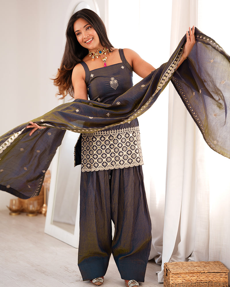 SMOKY GREY COLOR VICHITRA SILK FARSHI SALWAR SUIT