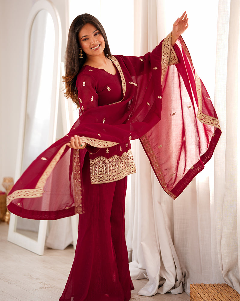 MAROON COLOR CRUNCHY SILK EMBROIDERED PLAZZO SUIT