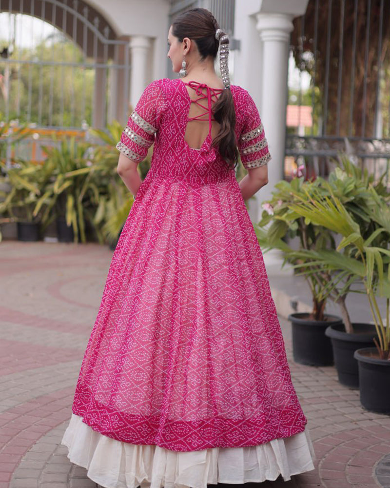 Pink Color Bandhani Printed Kurti With Kora Cotton Lehenga