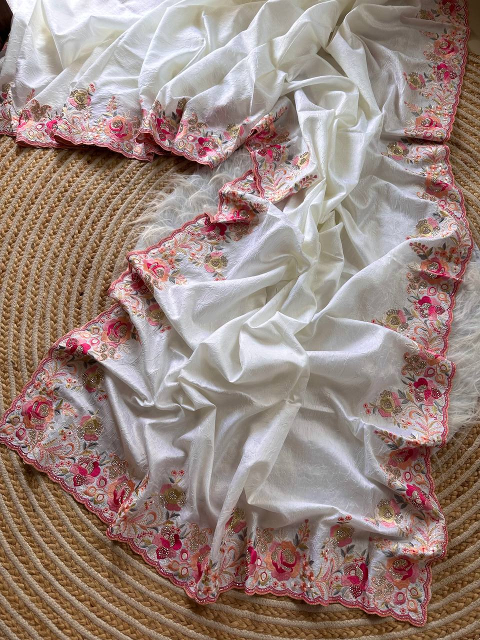 White Gulbano Pure Silky Crush Saree with Multicolor Viscose Embroidery & Italian Jarkhan Diamonds