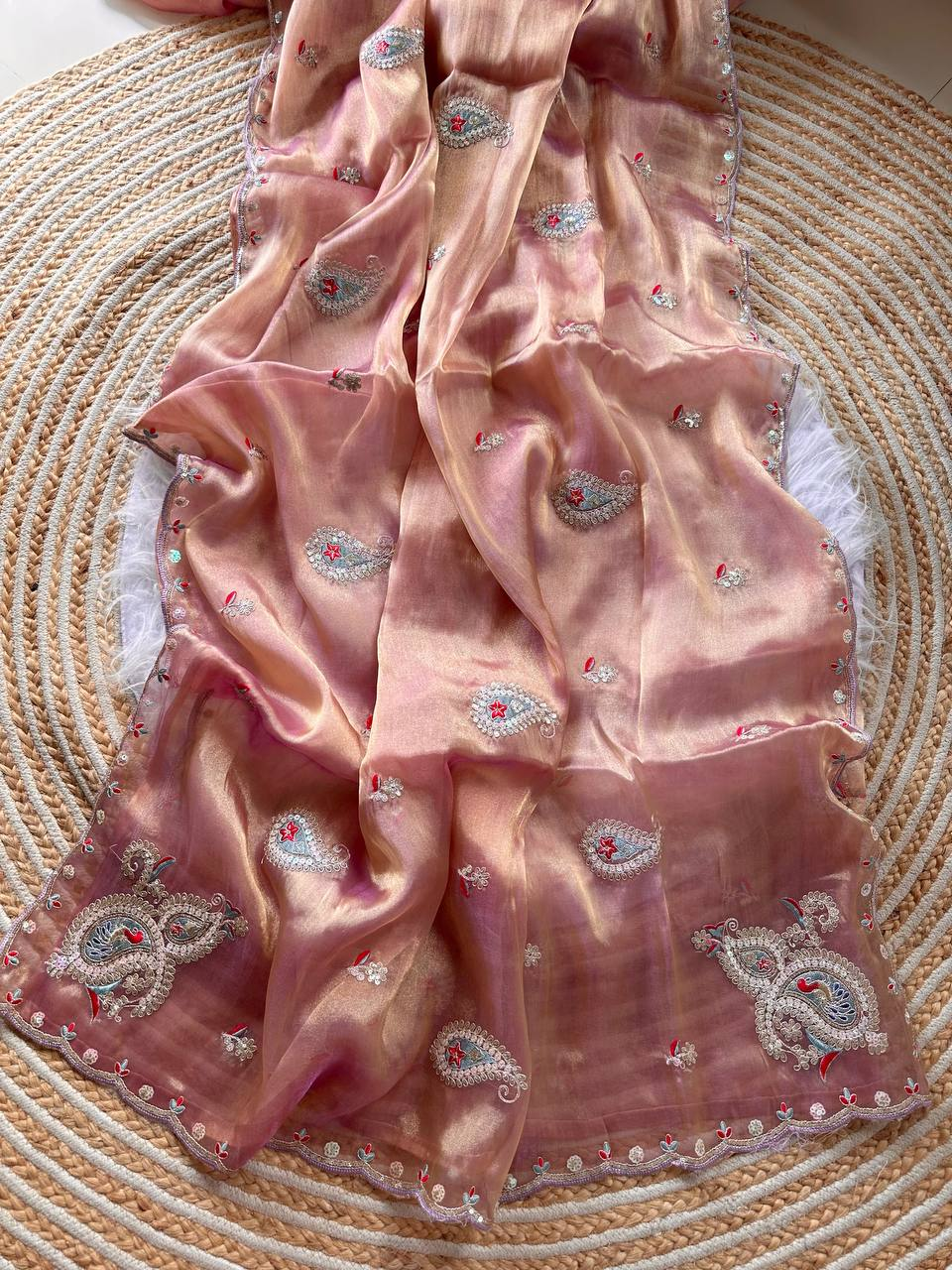 Dusty Peach Super Soft Simmer Tissue Saree with Codding Sequins Embroidery & Peacock Paisley Butta
