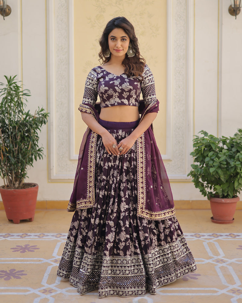 Wine Color Pure Viscose Jacquard Lehenga Choli